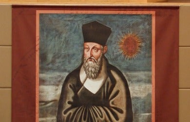 Painting of Matteo Ricci, an older white man with a greying beard, wearing a black clerical robe and hat.