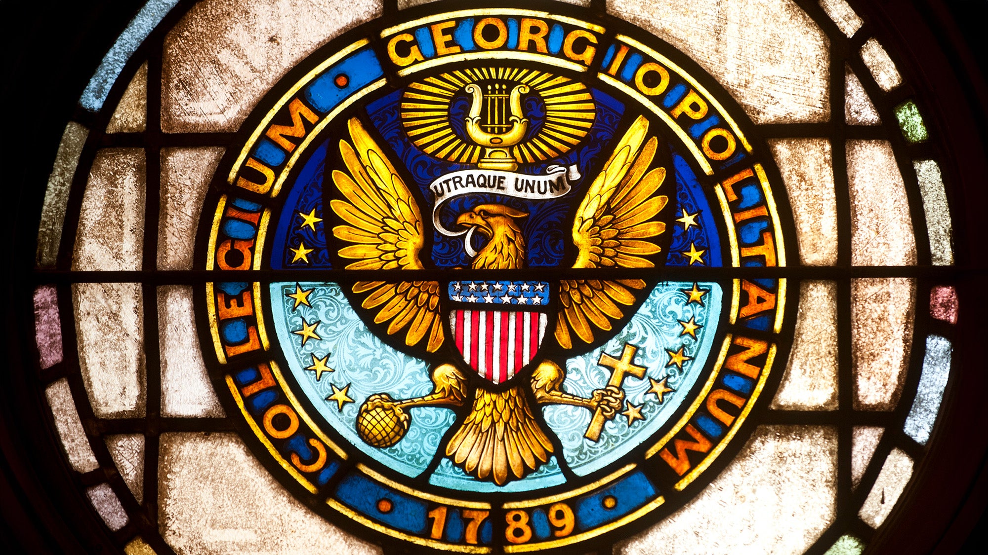 Stained glass Georgetown University seal