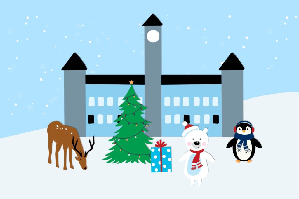 An illustration that features characters in front of a cartoon illustration of Healy Hall. Characters include a polar bear and penguin dressed in winter wear, a Christmas tree, a wrapped gift, and a reindeer.