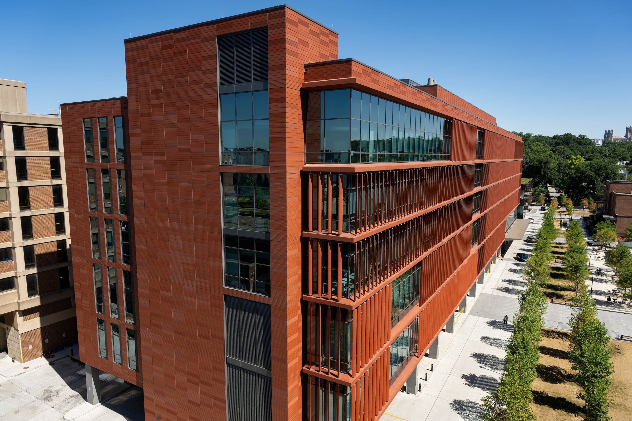 The Verstandig Pavillion, a 6-story bright red brick building.