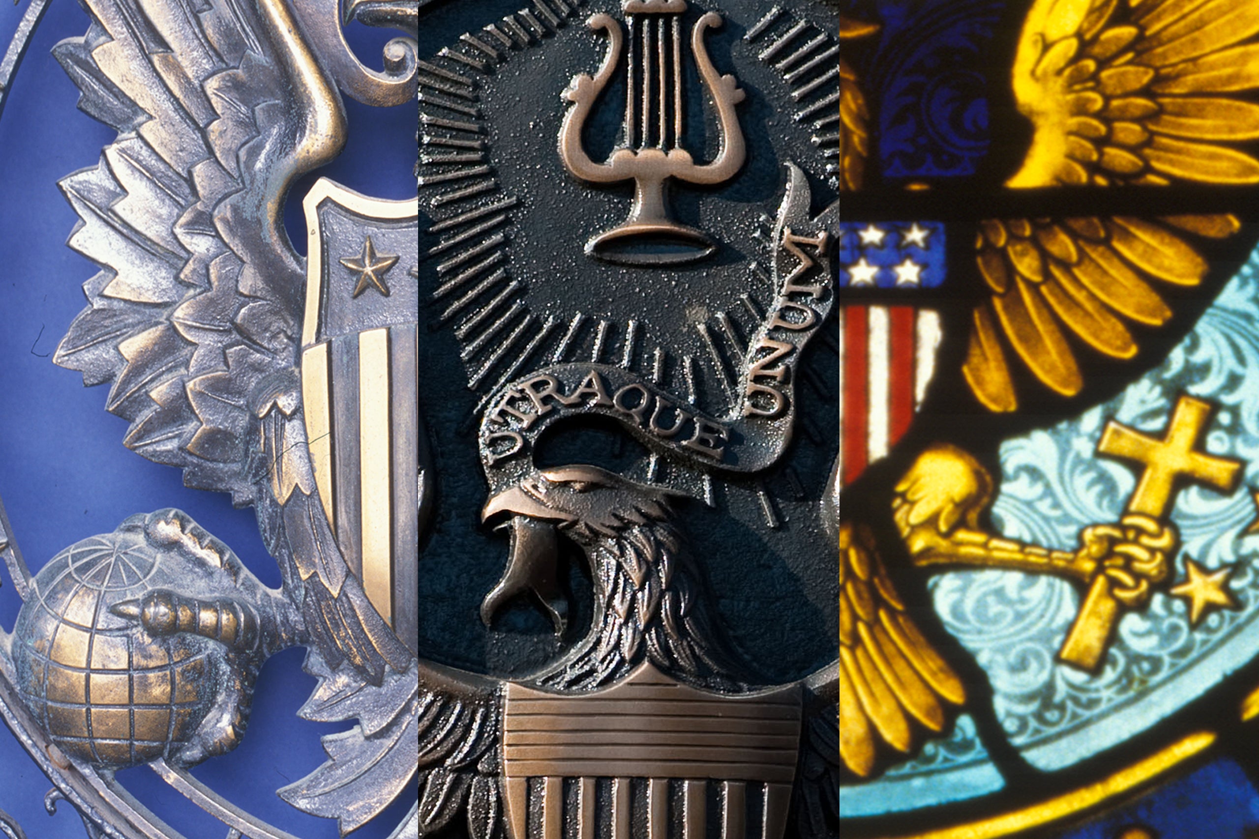 Three side-by-side close ups of the Georgetown University seal. One in a medium blue, one in a dark navy, and one in full color.