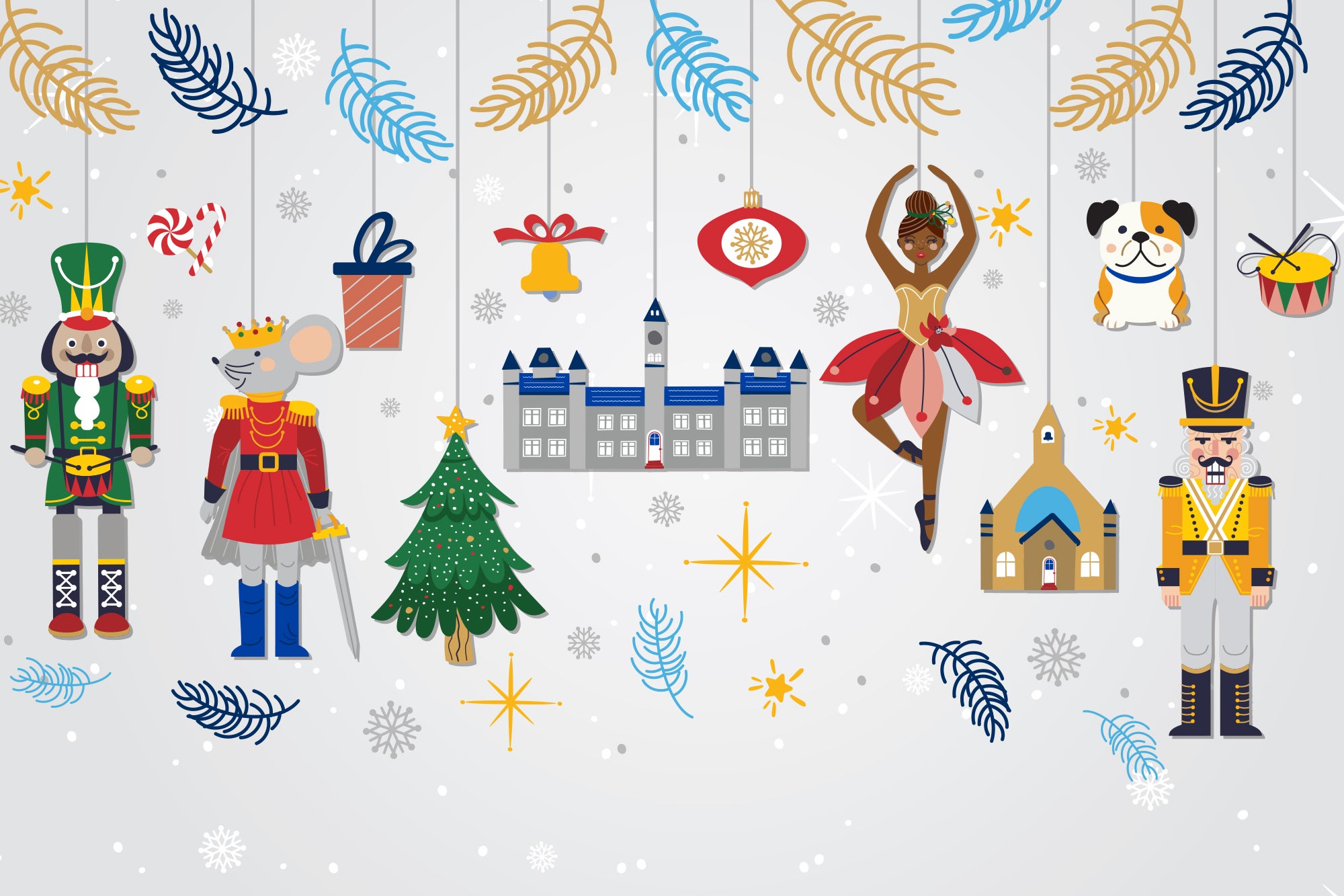 Illustration of Christmas ornaments hanging from strings, including characters from the Nutcracker, Healy Hall, and Jack the Bulldog.